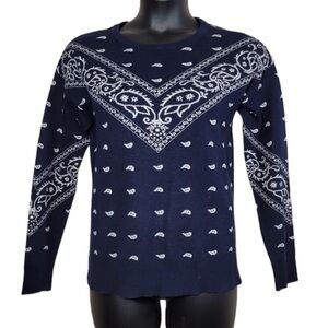 Lucky Brand Navy Bandana Print Sweater Sz Med